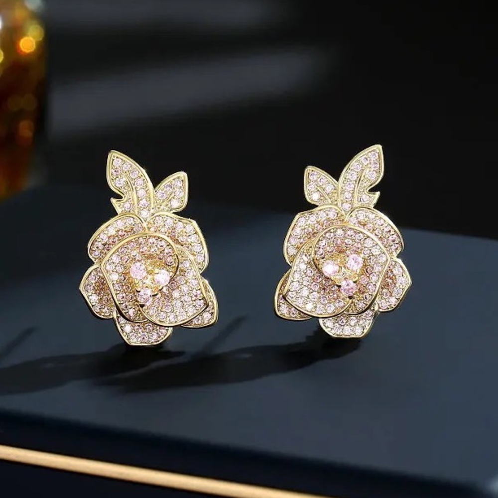 Gold Pink CZ Rose Floral Earrings